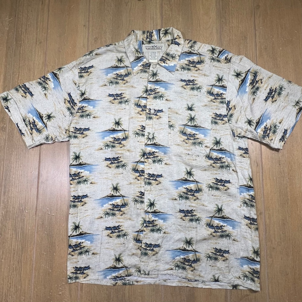 Natural Issue Mens vintage Hawaiian Shirt L Rayon Tropical Island Tan Blue